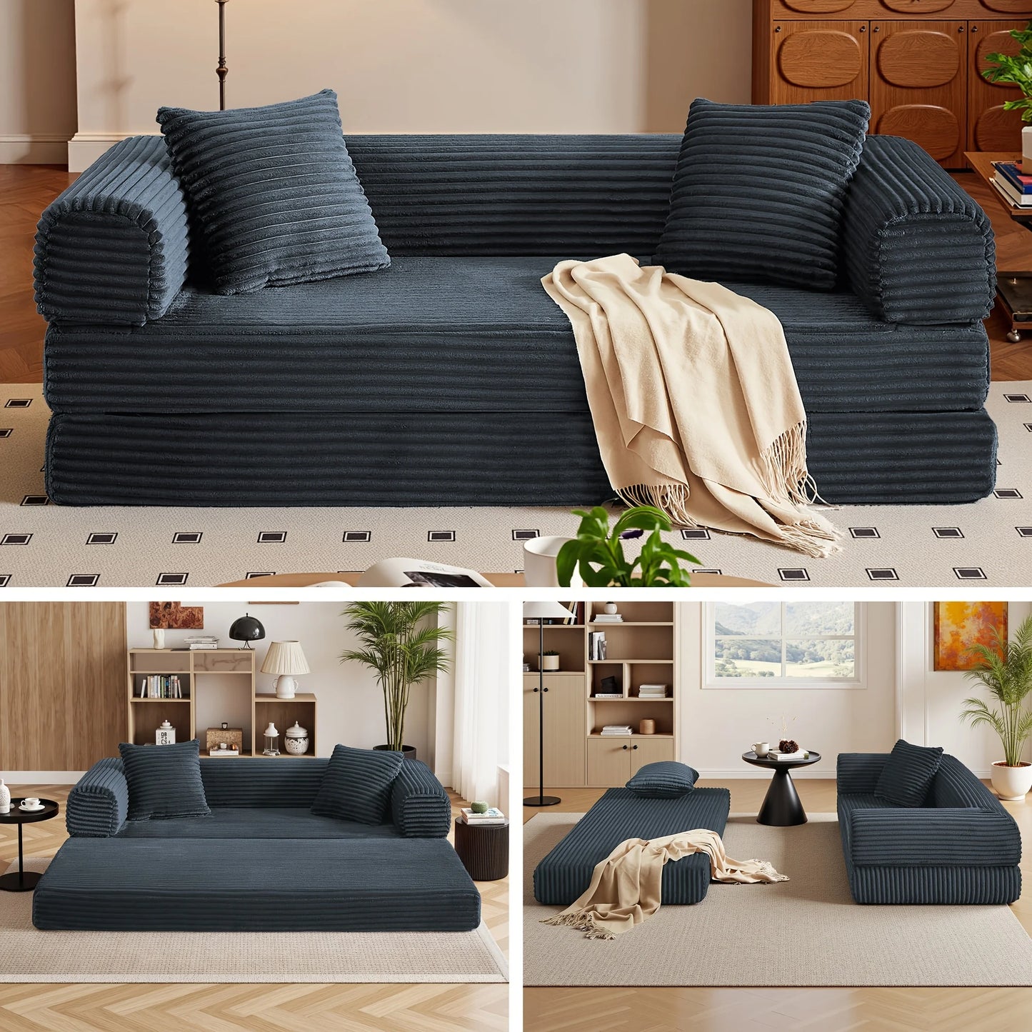 PIYRQ Sofa Bed Boneless Couch With Pull Out Sleeper And Corduroy Upholstery