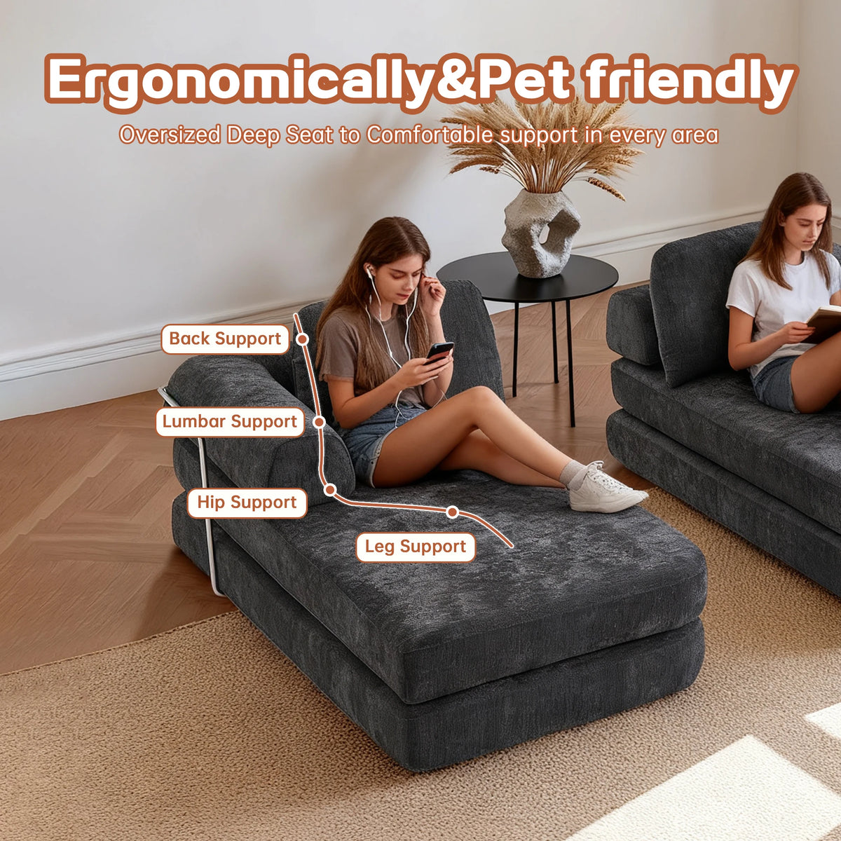 Boneless Foldable Convertible Chenille Futon Sleeper Sofa With Chaise