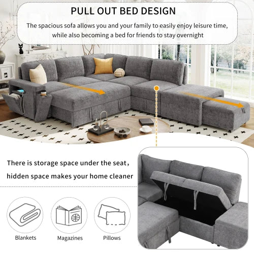 L-Shaped Padded Modular Sofa With Storage USB Ports Cup Holders