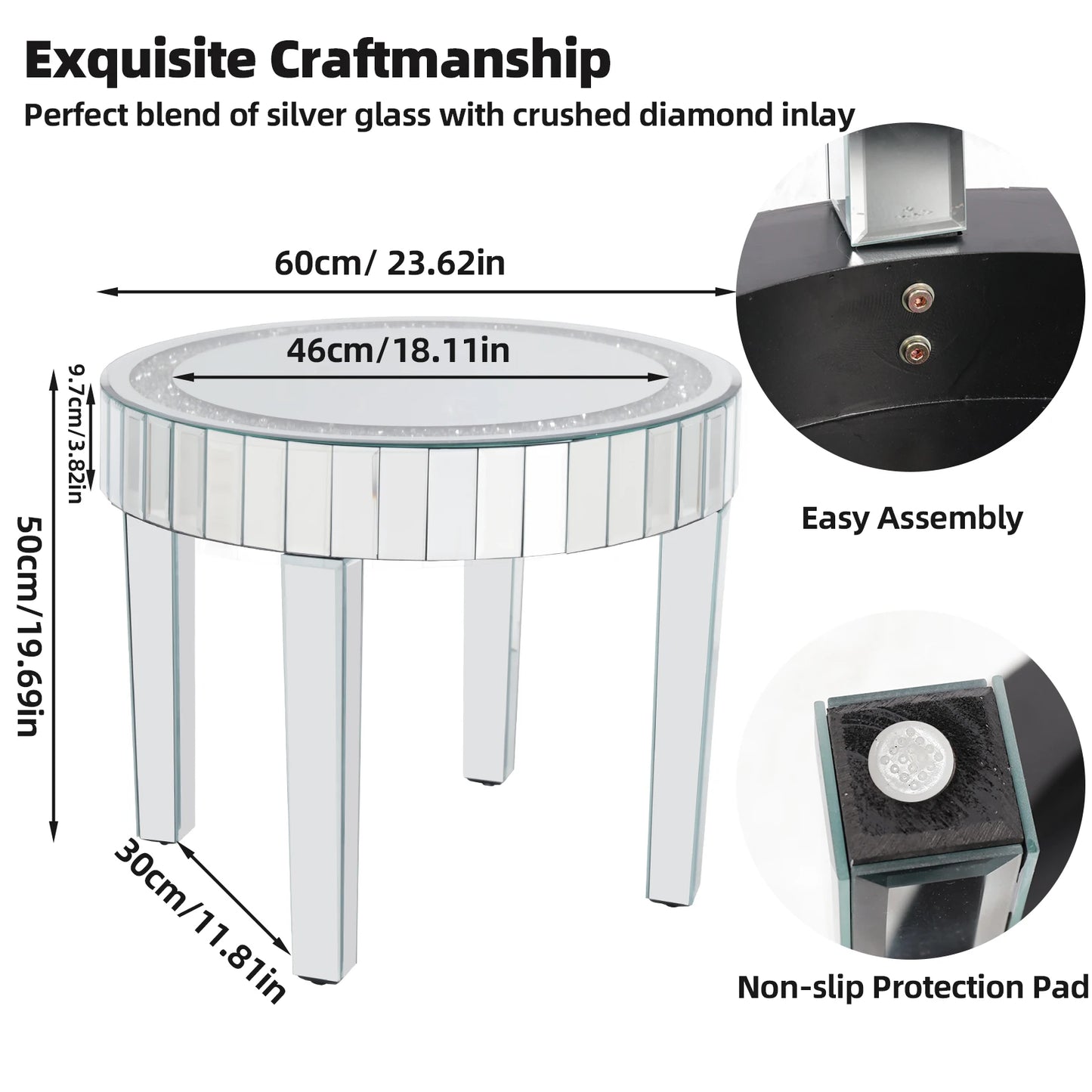 Wisfor Round Mirrored Accent Table Crystal Mirror Legs Diamond Edge