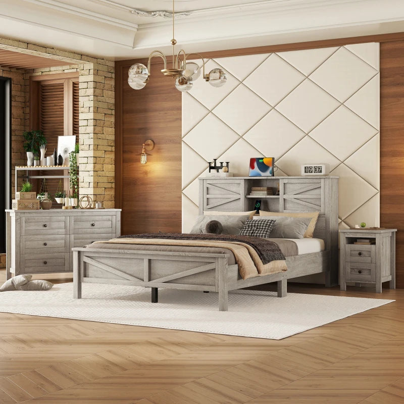 Farmhouse Platform Bed With Double Sliding Door Storage Charging Station