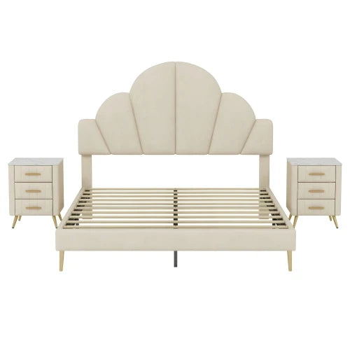 Velvet Upholstered Bed Frame With Petal Headboard And Nightstands