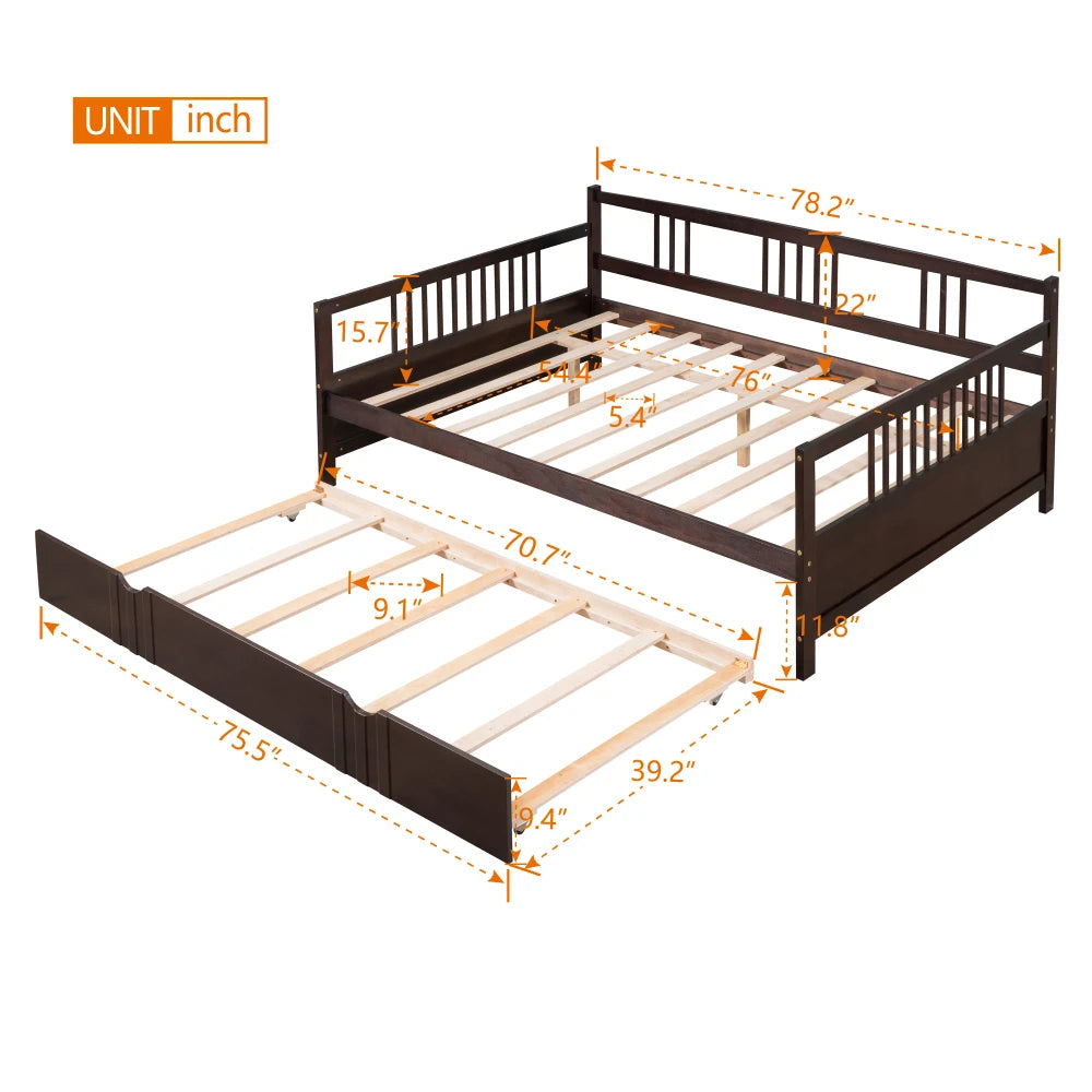Solid Wood Daybed With Trundle Bed Frame For Bedroom