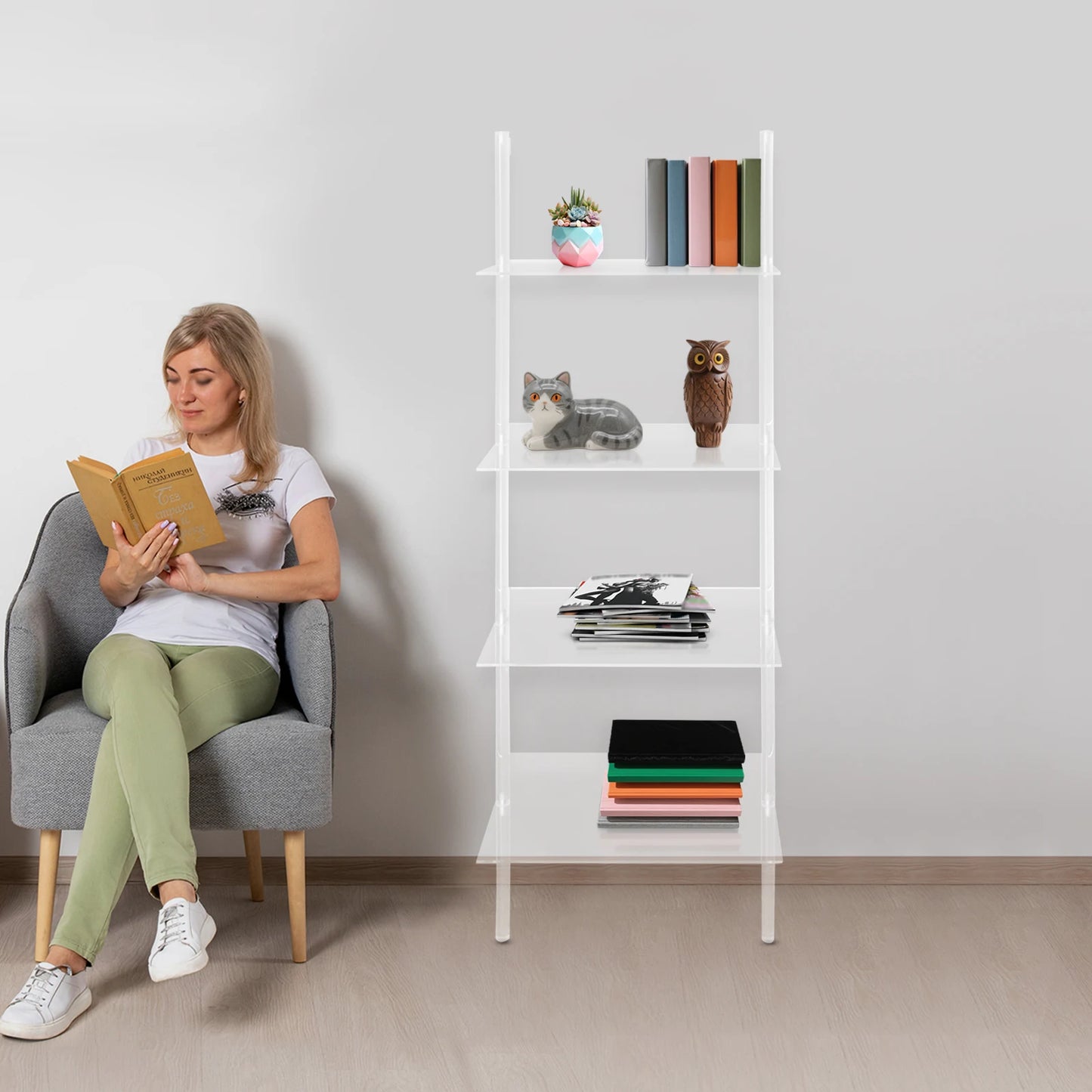 4 Tier Clear Acrylic Ladder Bookshelf Wall Mount Floor Standing