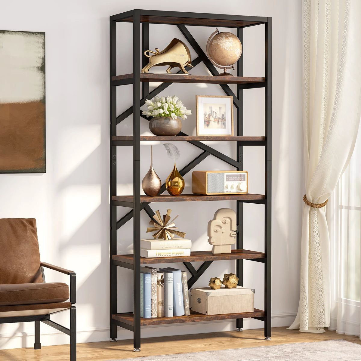 Tribesigns Industrial Bookshelf Open Shelves Metal Wood Storage Cabinet