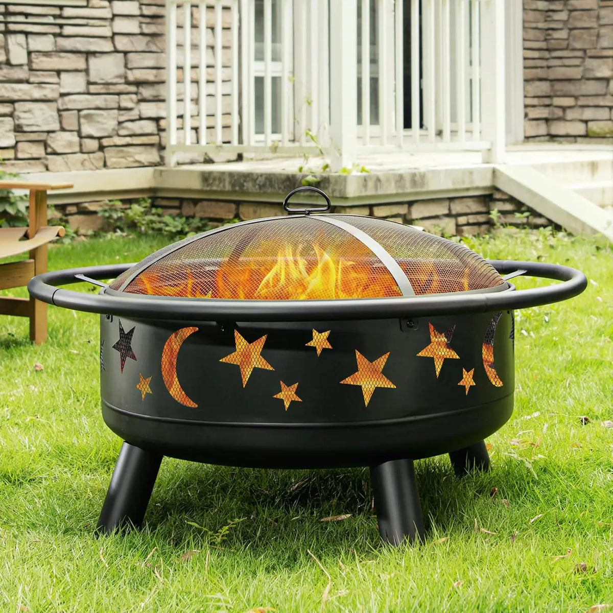 Metal Wood Burning Fire Pit With Mesh Cover Fire Poker