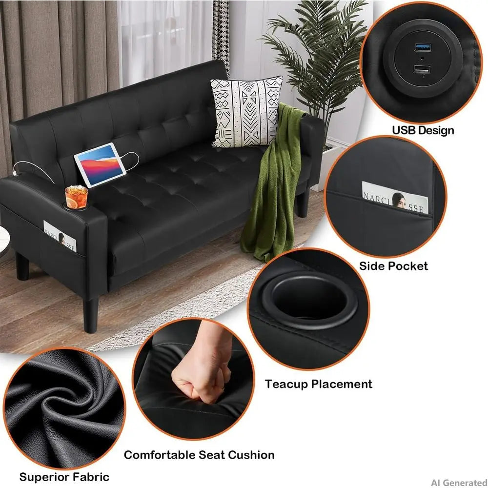 Upholstered Leather Loveseat Sofa With USB Ports And Cup Holders
