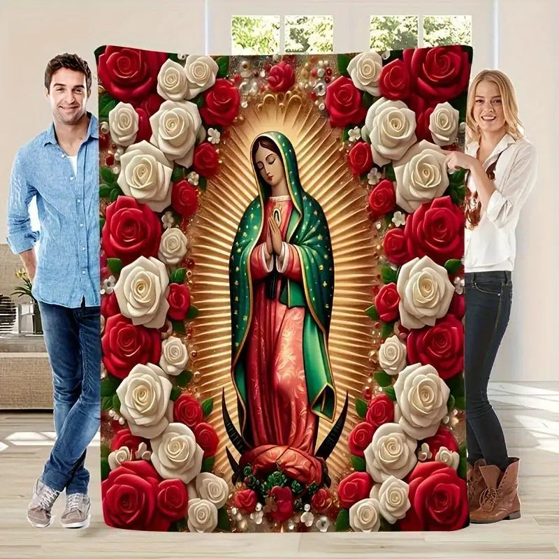 Virgin Mary With Roses Flannel Throw Blanket Our Lady Of Guadalupe Design