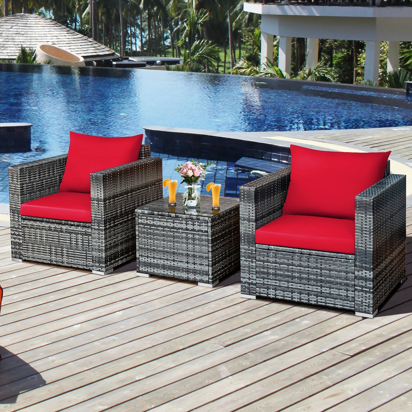 HOMASIS 3 Piece Patio Rattan Bistro Set With Cushioned Sofa