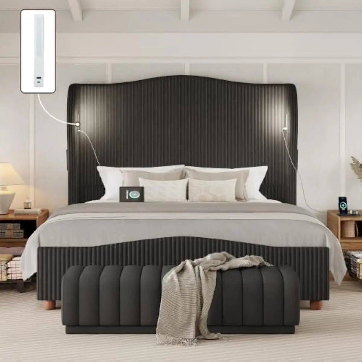 Upholstered Bed With Tall Wingback Headboard, LED Lighting And Storage