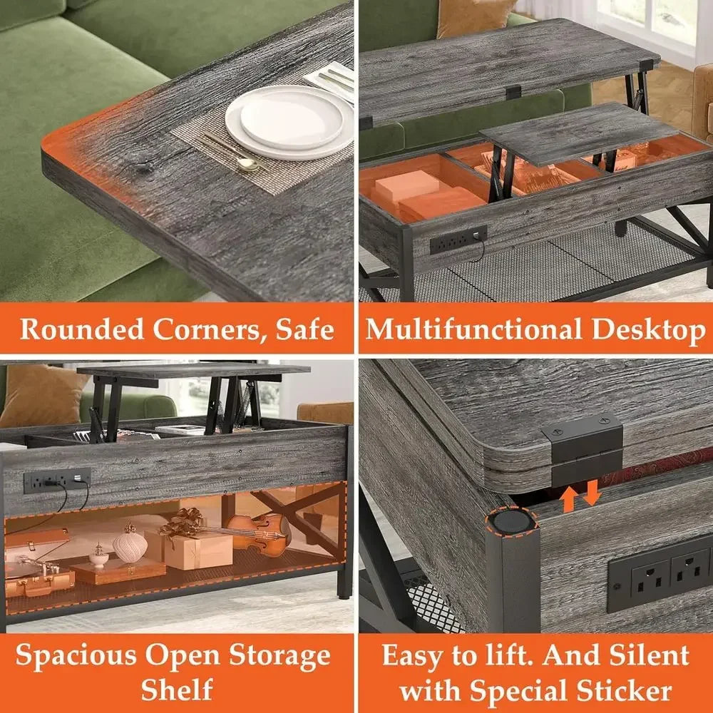 Coffee Table With Lit Top Converts To Dining Table LED Power Outlet