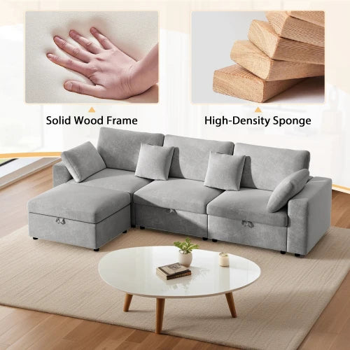 L Shaped Velvet Sofa Cloud Style With Storage Ottoman
