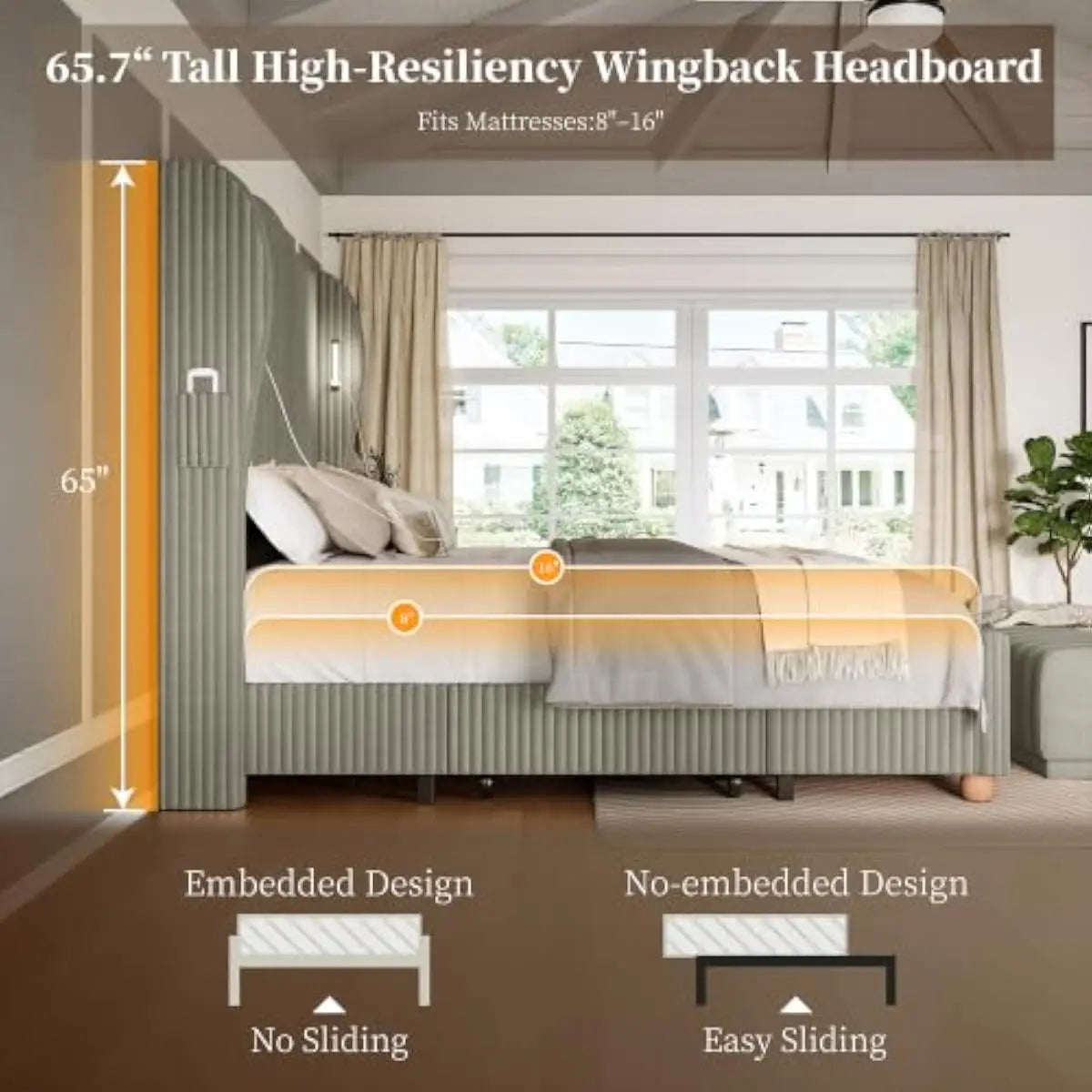 Upholstered Bed With Tall Wingback Headboard, LED Lighting And Storage