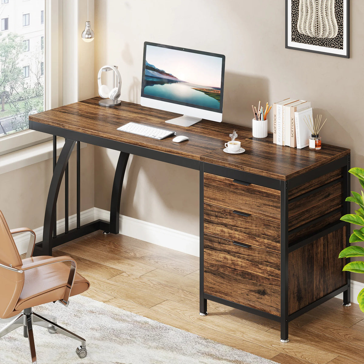 Tribesigns Computer Desk With Three Drawers Industrial Wood Workstation