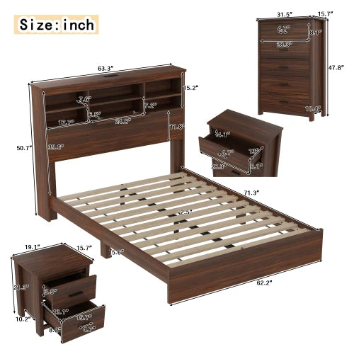 4 Piece Wooden Bedroom Set With Bed Frame Nightstands And Dresser