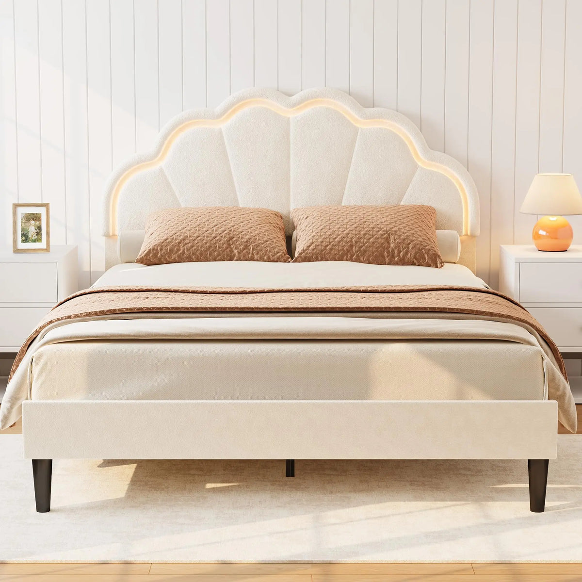 HiMISS Upholstered LED Bed Frame With Velvet Shell Headboard