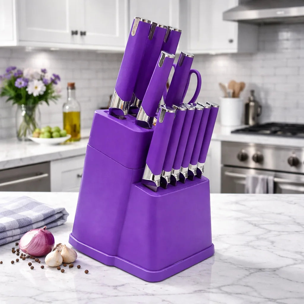 Knife Block Set With 6 Steak Knives High Carbon Stainless