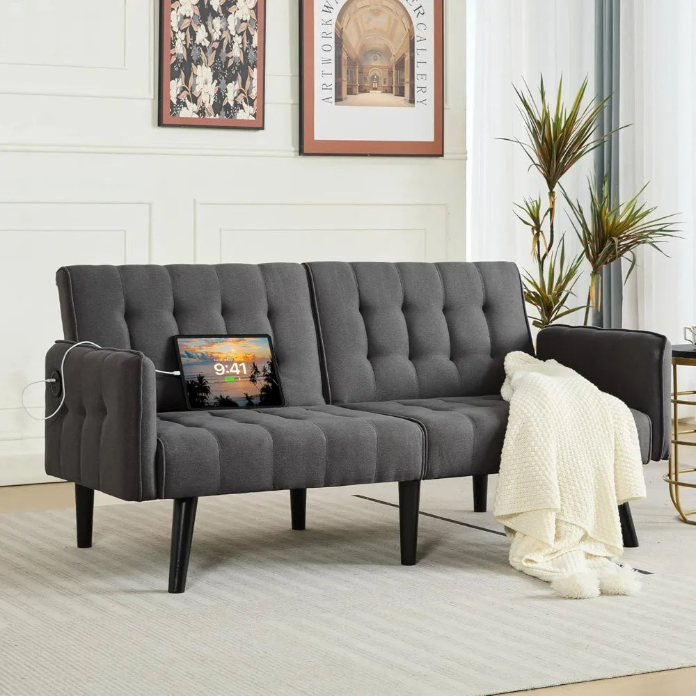 TYBOATLE Modern Tufted Adjustable Futon Sofa Bed With USB Ports