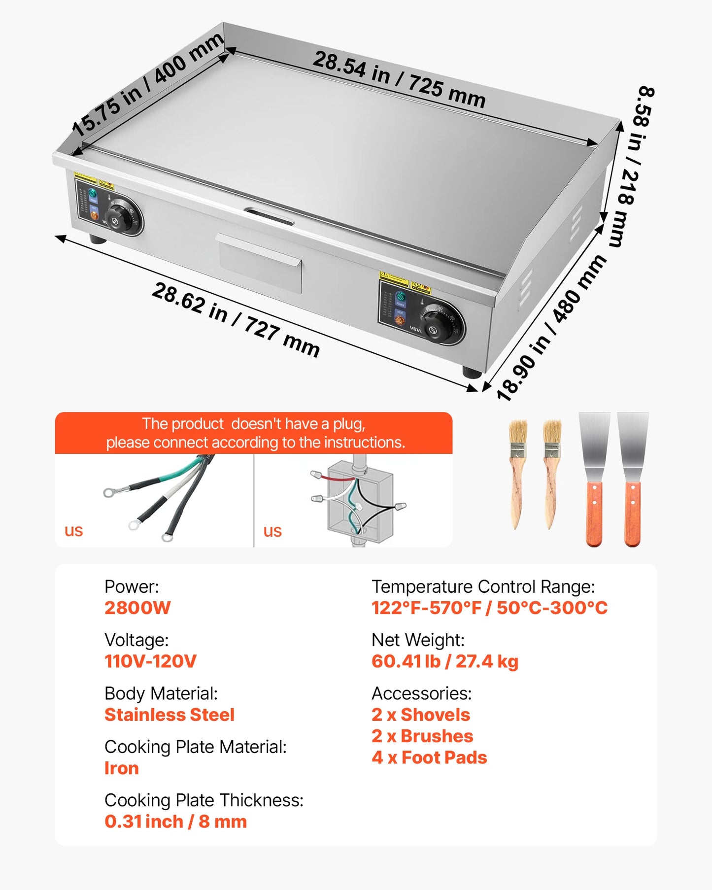 SucceBuy Commercial Electric Griddle 122-570F Stainless Steel Countertop