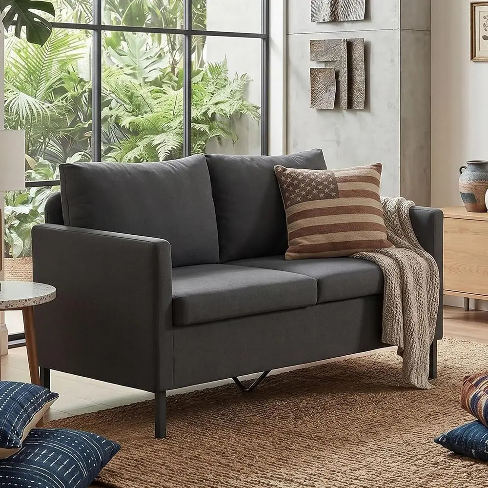 Linen Upholstered Loveseat Sofa With Iron Legs For Living Room