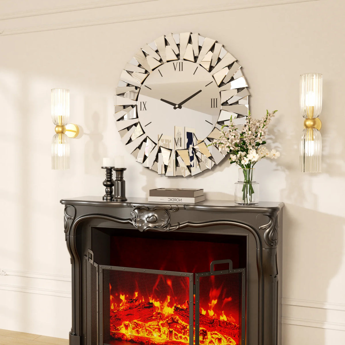 Mirrored Wall Clock With Beveled Glass Edge Silent Movement
