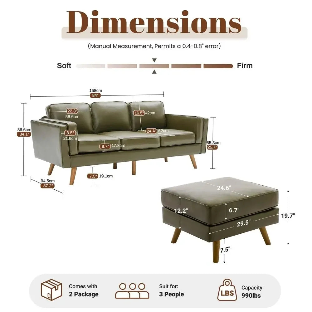 XMSJ Mid Century Modern Faux Leather Sofa Set With Ottoman