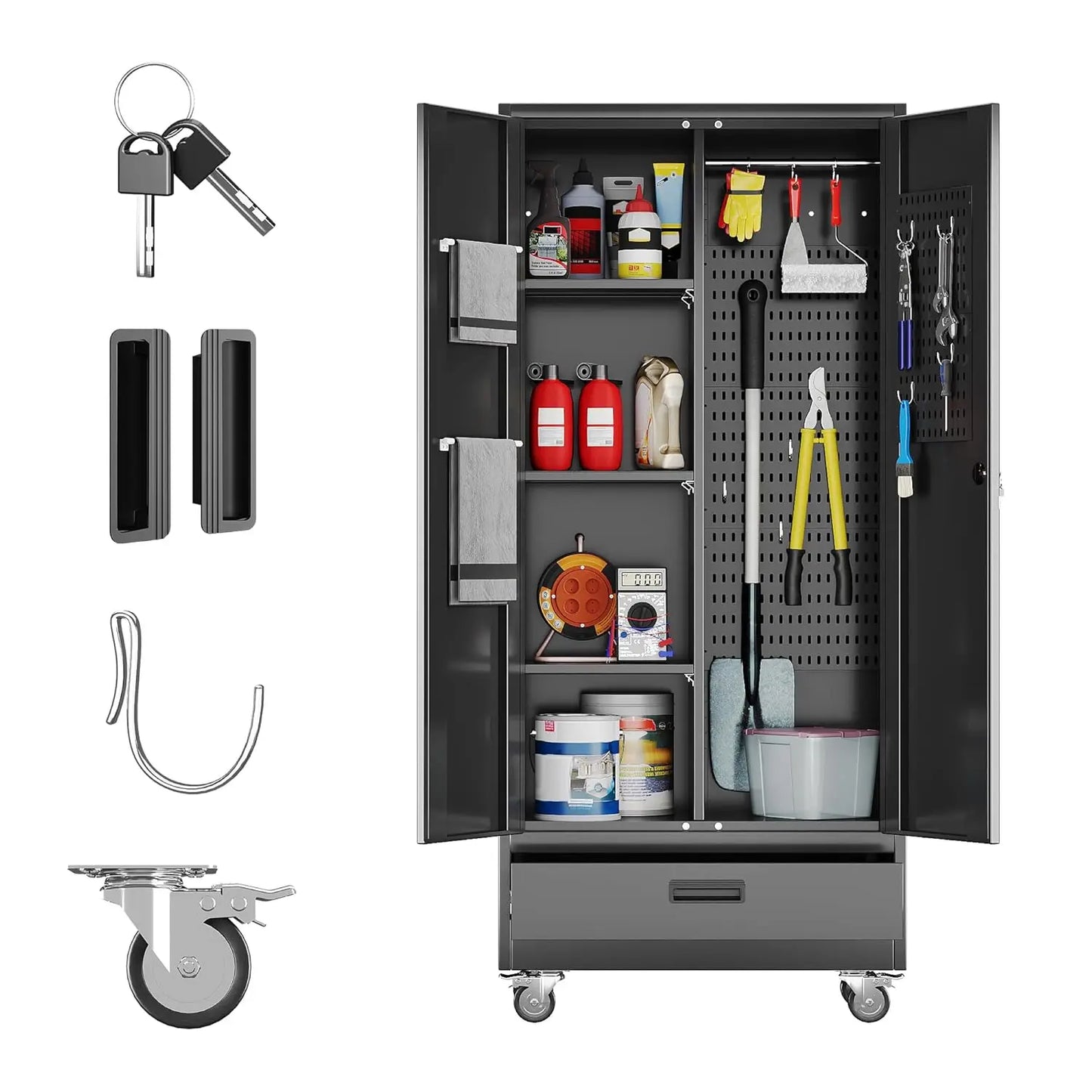 GELU Metal Garage Storage Cabinet On Wheels With Shelves