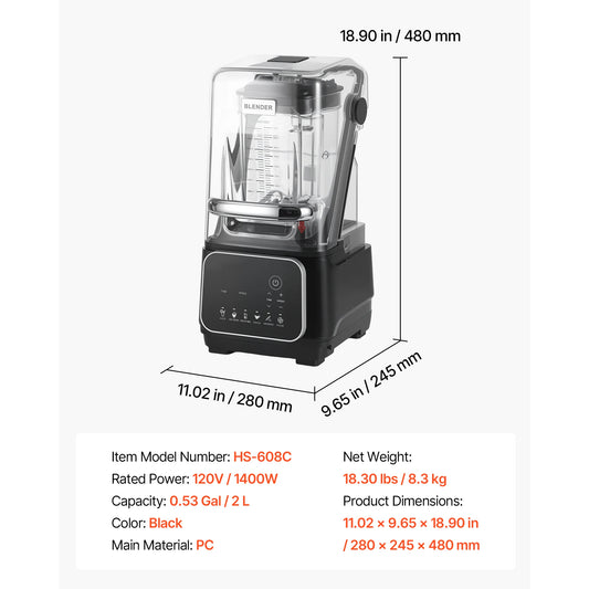 SucceBuy 2200W Countertop Blender With Shield And 6 Preset Menu