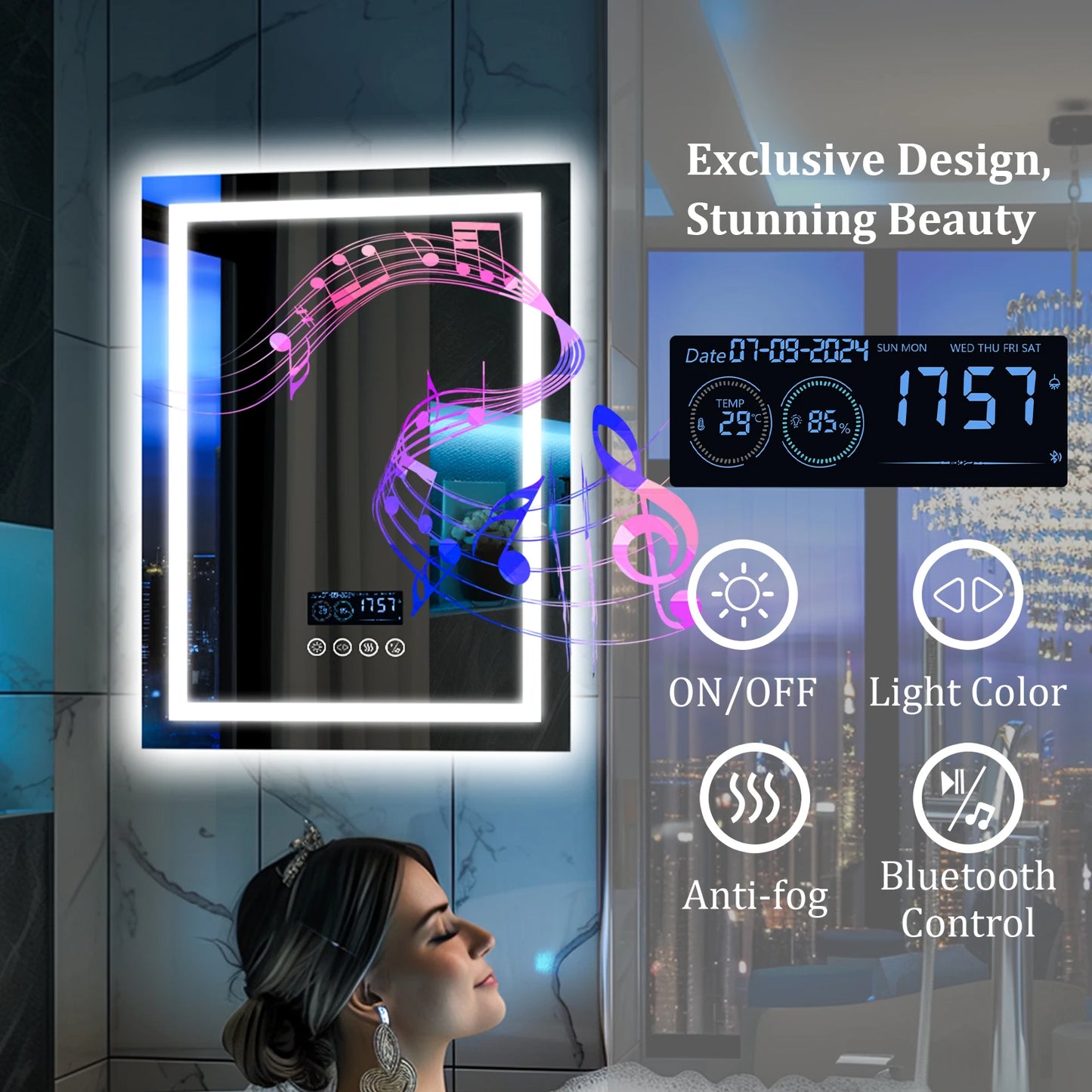 Wisfor LED Lighted Bathroom Mirror With Bluetooth Speaker Anti Fog Dimming