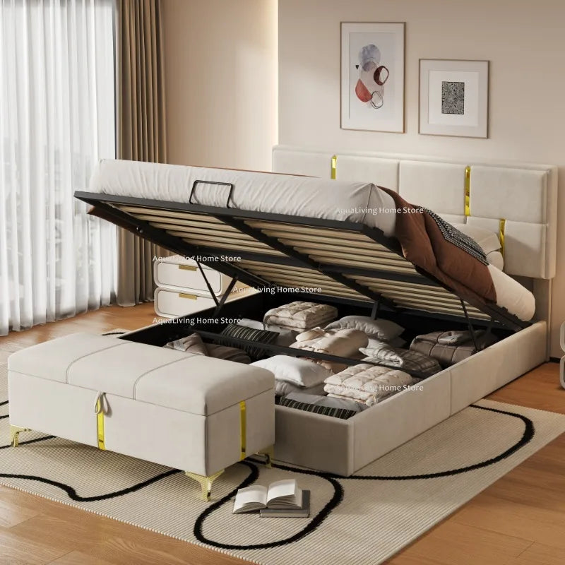 Modern Upholstered Platform Bed Set With Hydraulic Storage Ottoman