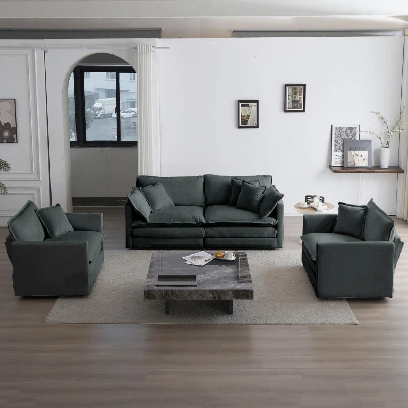 Modern Three Piece Sofa Set With Armchairs And Pillows