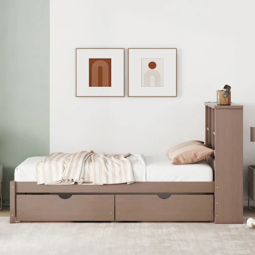 Bed Frame With USB Port On Bookcase Headboard And Drawers