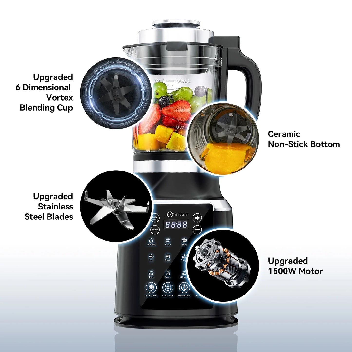Astralship 1500W Glass Countertop Blender With 14 Presets Auto Clean