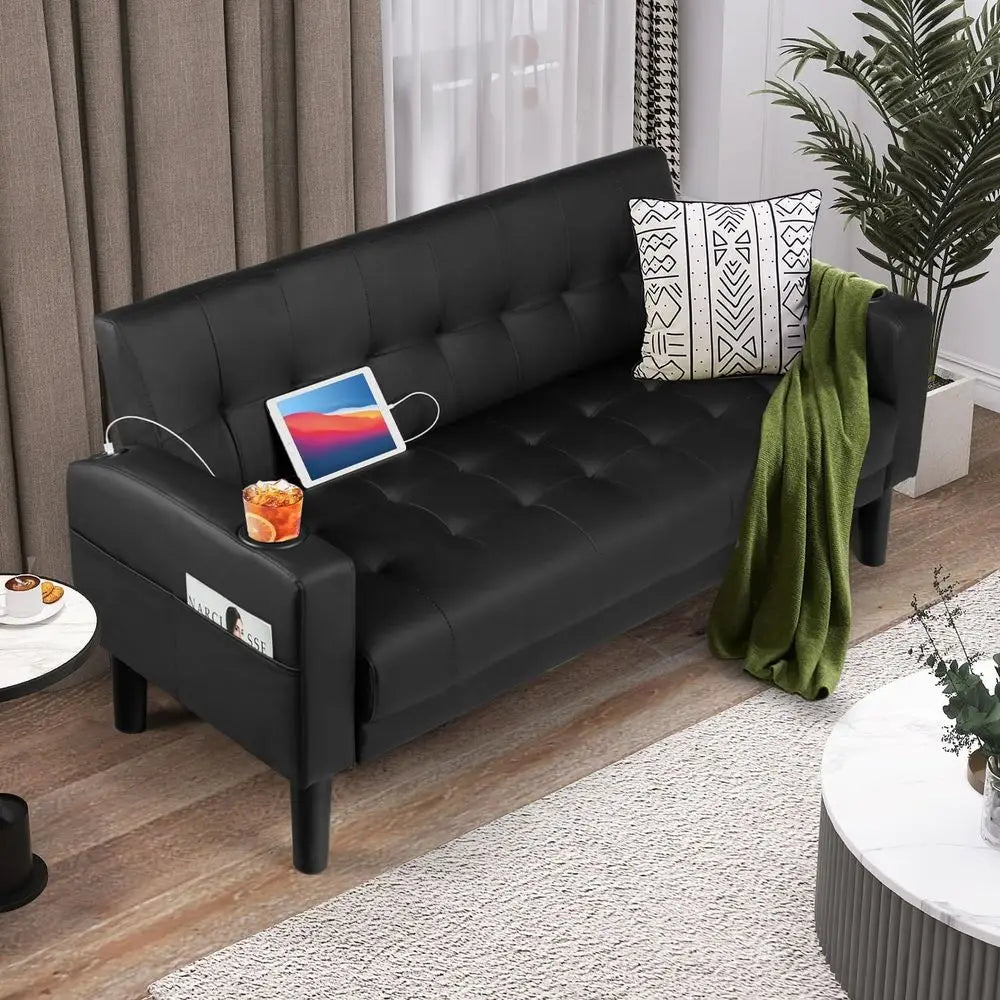 Upholstered Leather Loveseat Sofa With USB Ports And Cup Holders