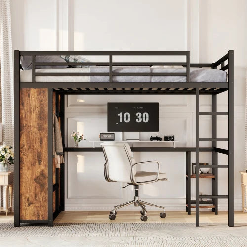 Loft Bed Frame With Builtin Wardrobe Desk And Shelves Woodgrain