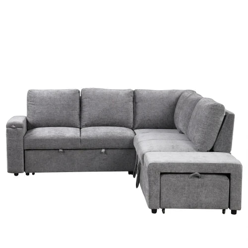 L-Shaped Padded Modular Sofa With Storage USB Ports Cup Holders