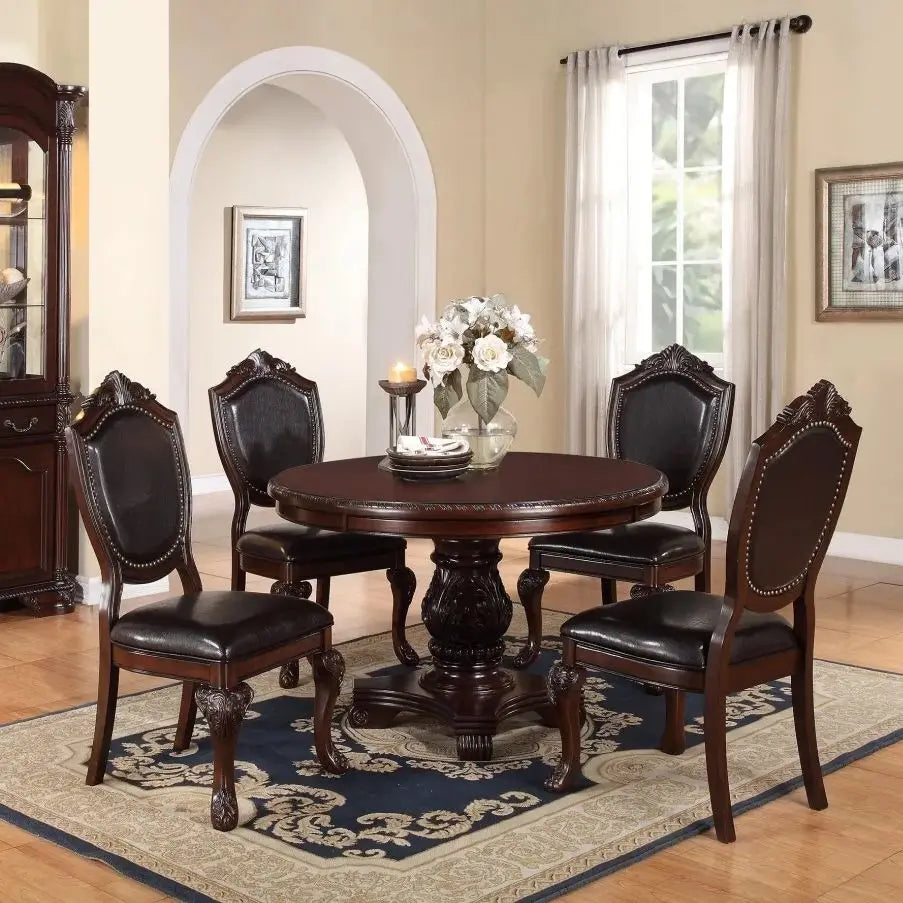 Antique 5 Piece Dining Set Round Table With Padded Chairs Rubberwood Veneer