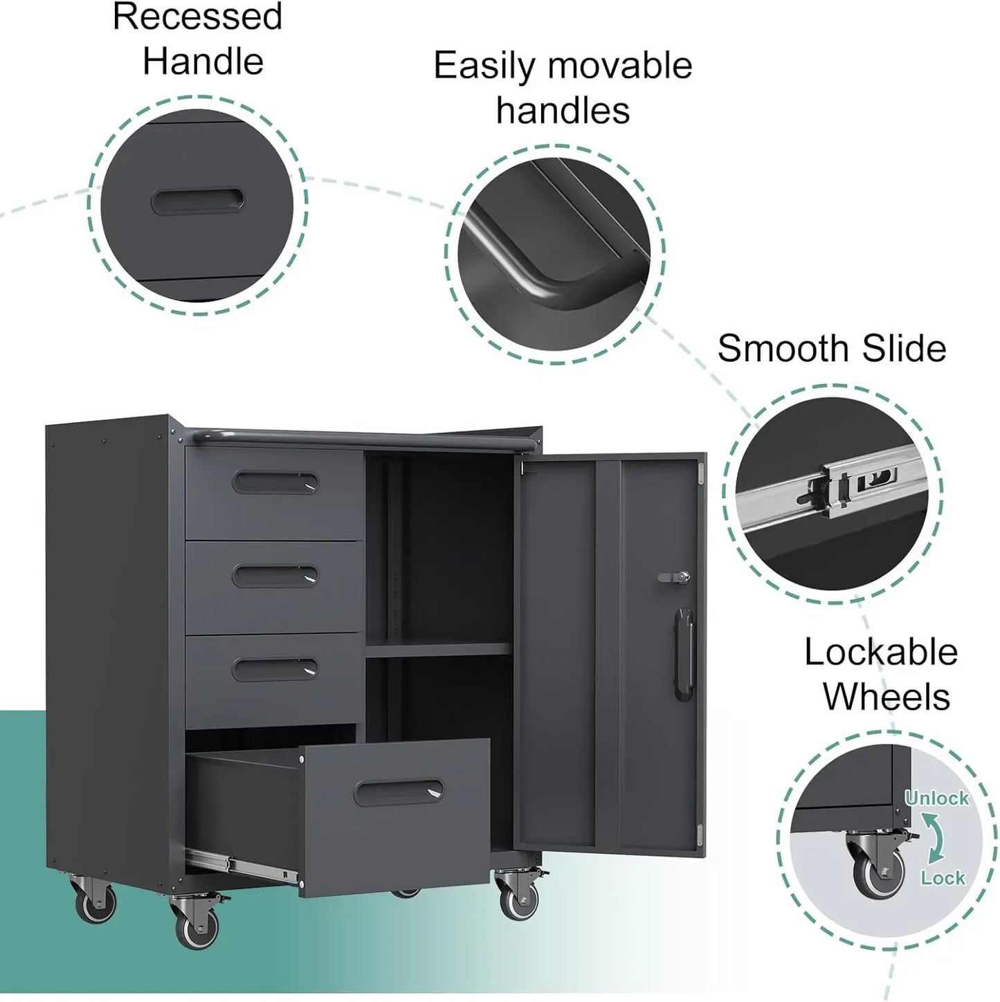 Metal Garage Storage Cabinet With Wheels Four Drawers Locking Door Tool Cabinet