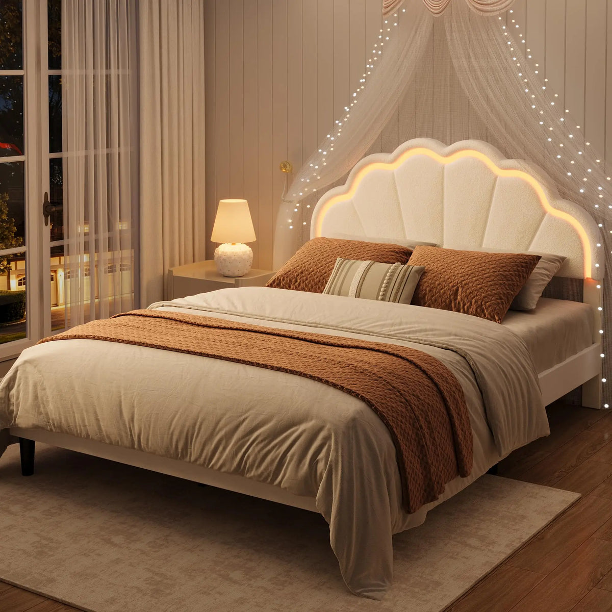 HiMISS Upholstered LED Bed Frame With Velvet Shell Headboard