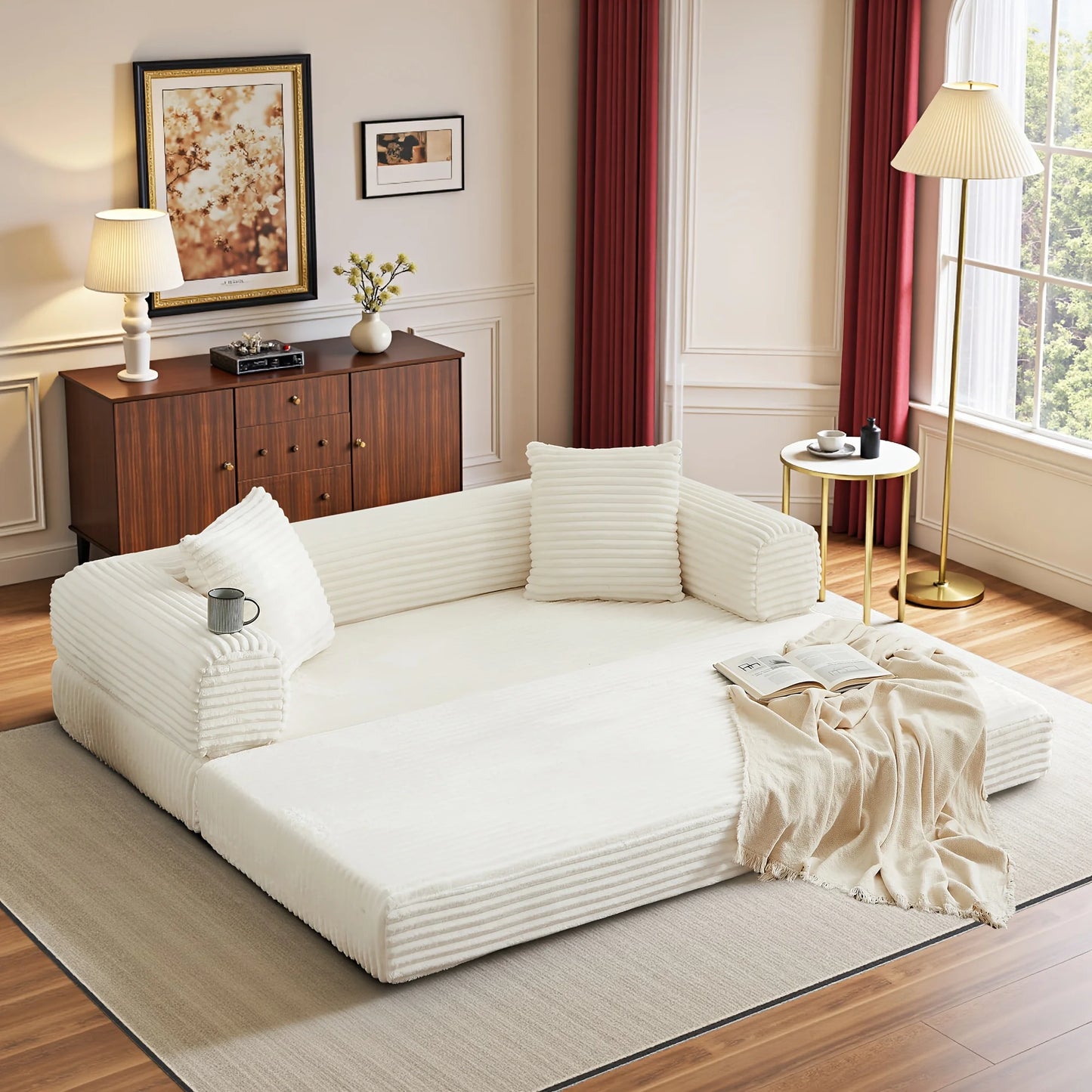 PIYRQ Sofa Bed Boneless Couch With Pull Out Sleeper And Corduroy Upholstery