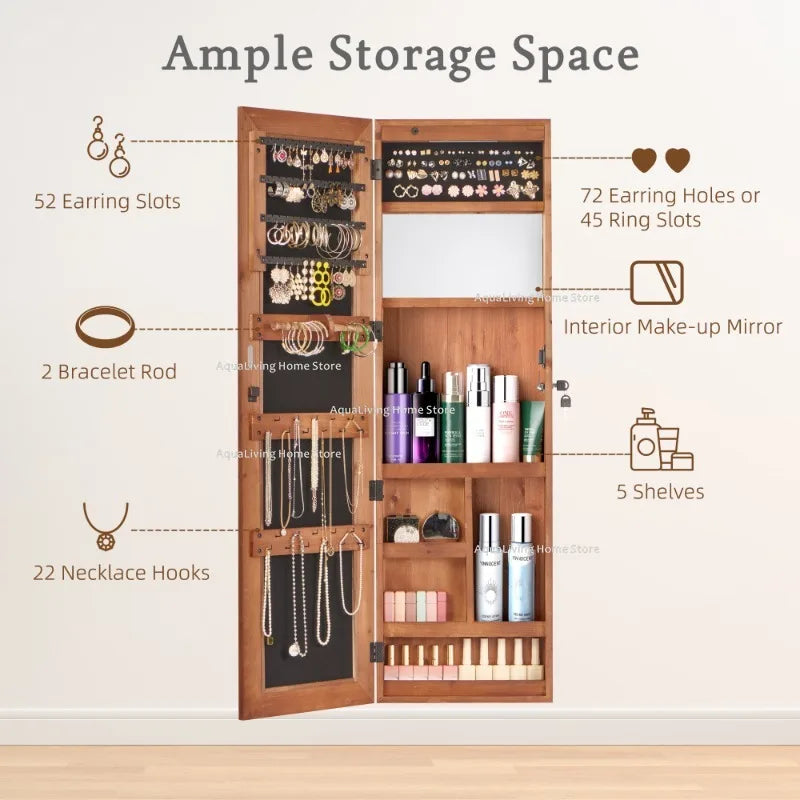 Solid Wood Jewelry Armoire With Full-Length Mirror And LED Lights