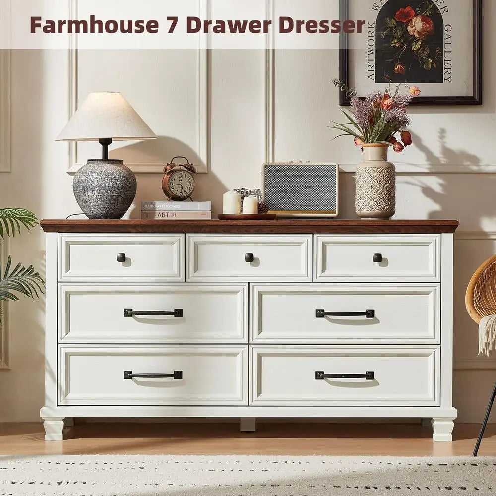 Rustic White Wood Bedroom Furniture Set With 7 Drawer Dresser And 2 Nightstands