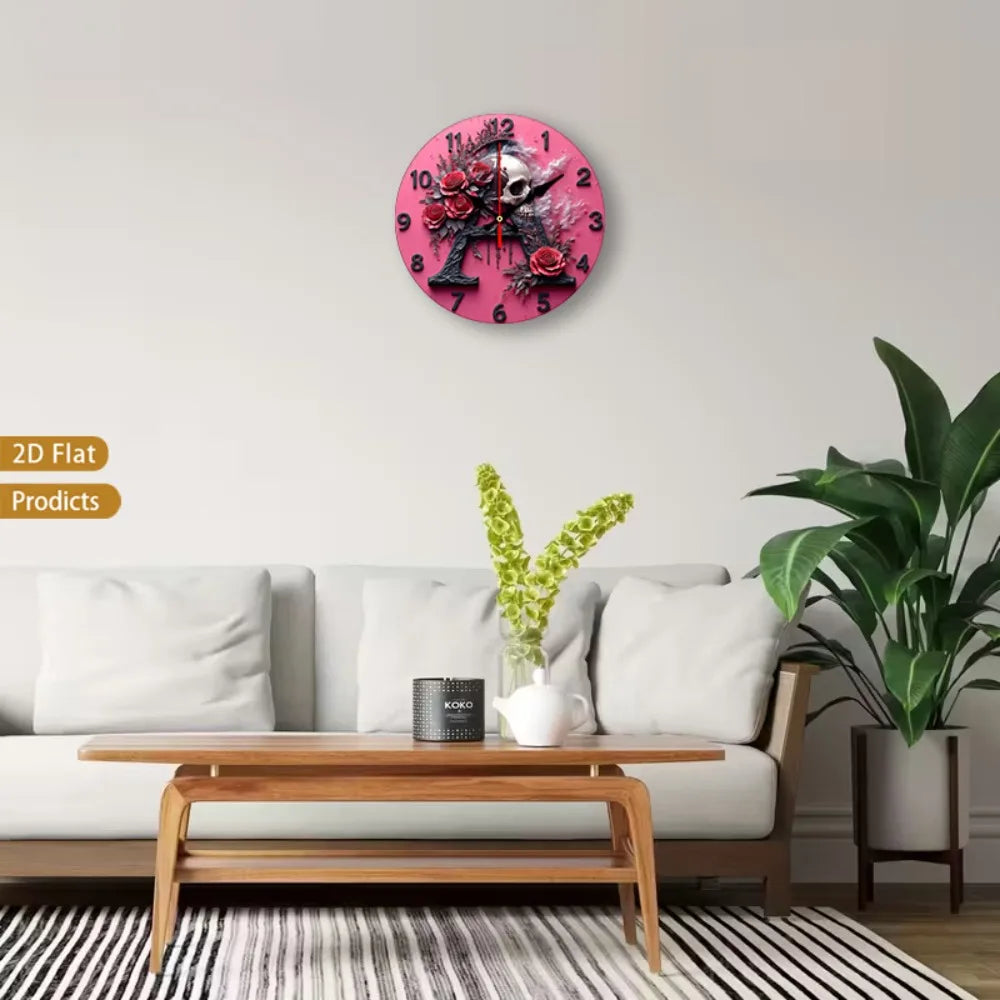 Gothic Skull And Rose Wall Clock Silent Non Ticking
