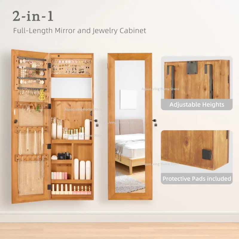 Full Length Wall Mounted LED Lockable Wood Jewelry Armoire Cabinet