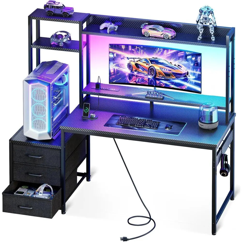 Gaming Computer Desk With Hutch Led Lights Usb Ports