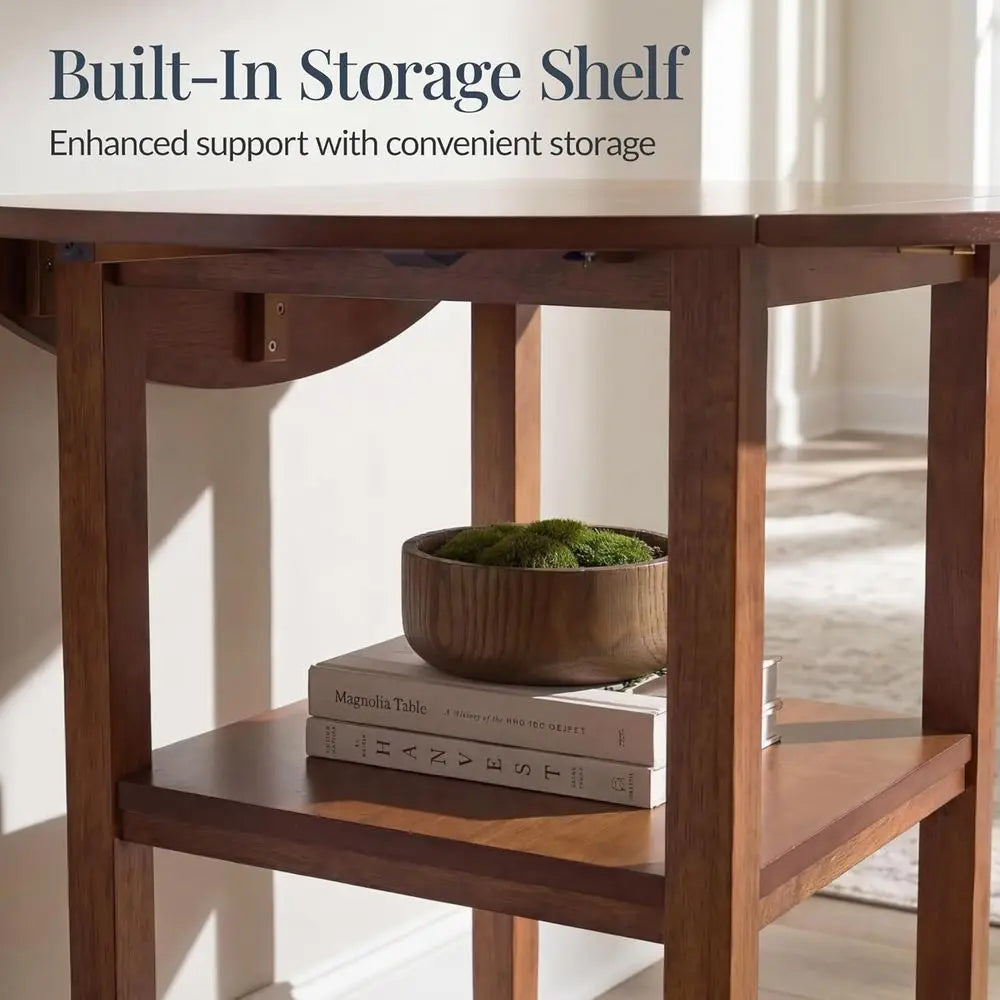 Ticify Round Drop Leaf Dining Table With Storage Shelves