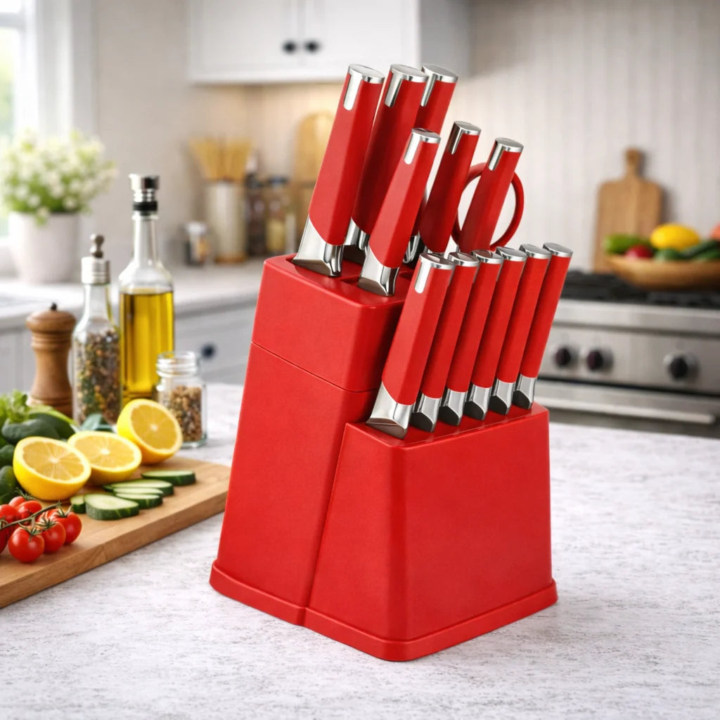 Knife Block Set With 6 Steak Knives High Carbon Stainless