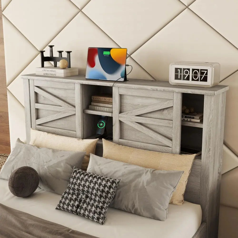 Farmhouse Platform Bed With Storage Headboard Nightstand Dresser Set
