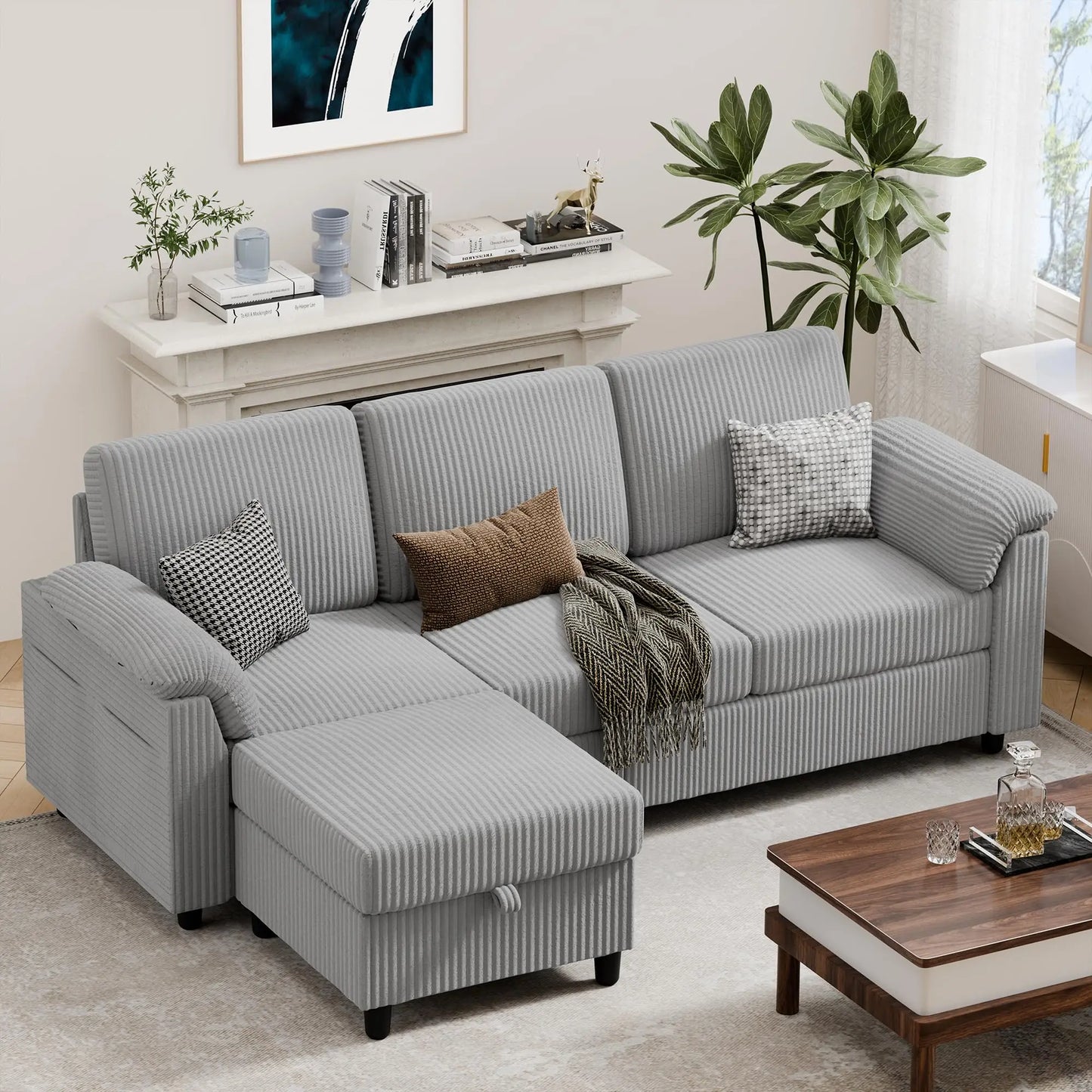 L-Shaped Convertible Sofa With Storage Ottoman And Side Pocket