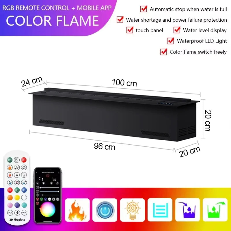 AFLYEVER Realistic 3D Multicolor Flame Electric Steam Fireplace with Tuya App
